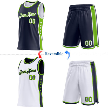 Custom Reversible Navy White-Neon Green Double Side Star Sublimation Basketball Set Jersey