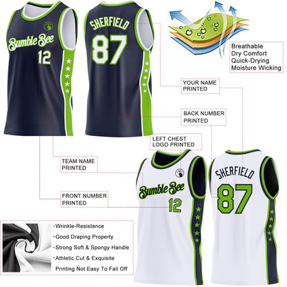 Custom Reversible Navy White-Neon Green Double Side Star Sublimation Basketball Set Jersey