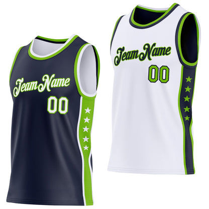 Custom Reversible Navy White-Neon Green Double Side Star Sublimation Basketball Set Jersey