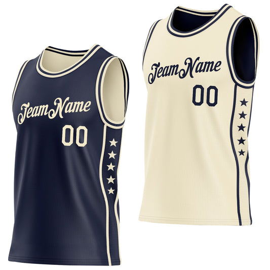 Custom Reversible Navy Cream Double Side Star Sublimation Basketball Set Jersey
