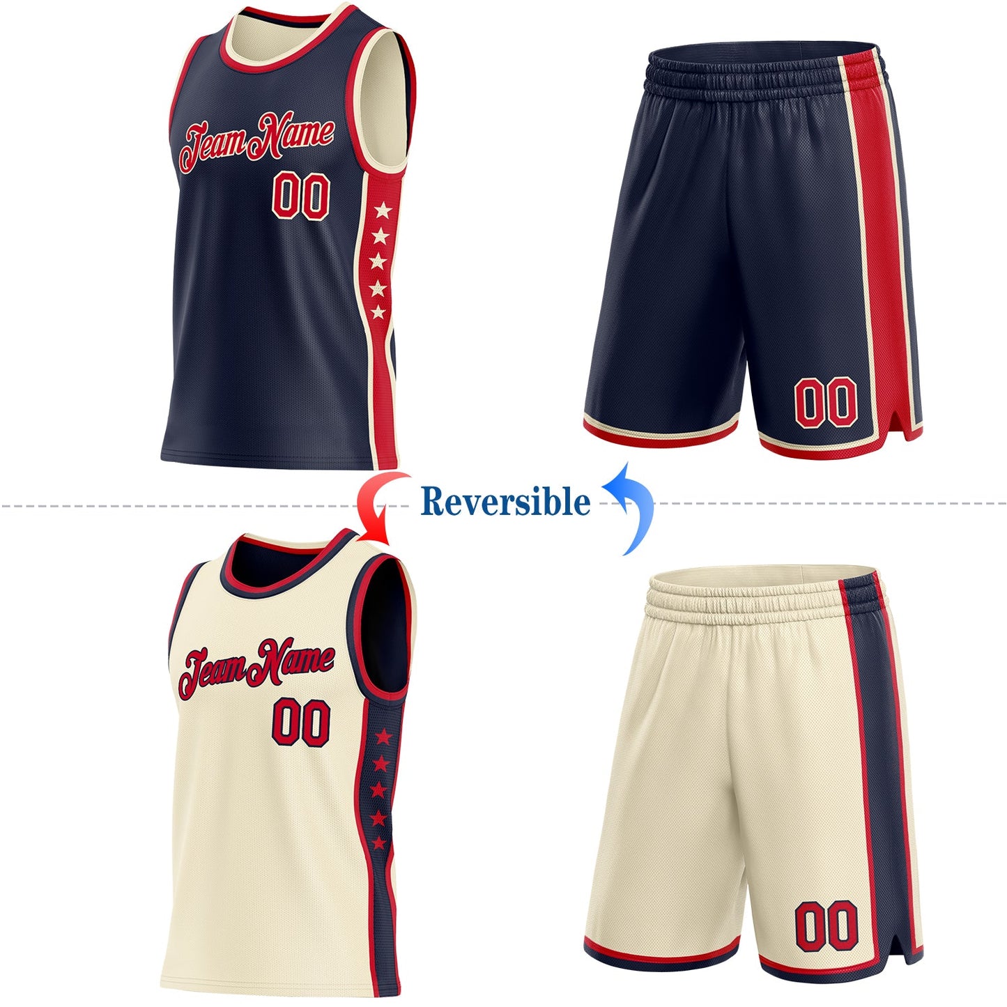 Custom Reversible Navy Red-Cream Double Side Star Sublimation Basketball Set Jersey