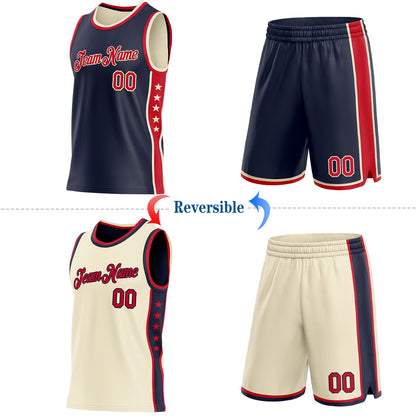 Custom Reversible Navy Red-Cream Double Side Star Sublimation Basketball Set Jersey