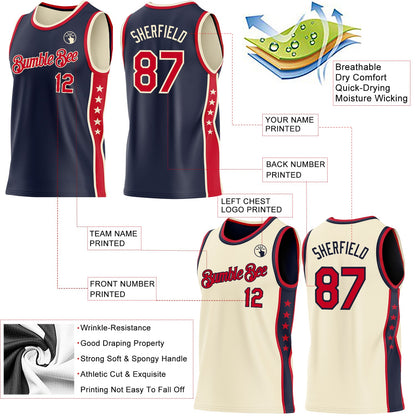 Custom Reversible Navy Red-Cream Double Side Star Sublimation Basketball Set Jersey