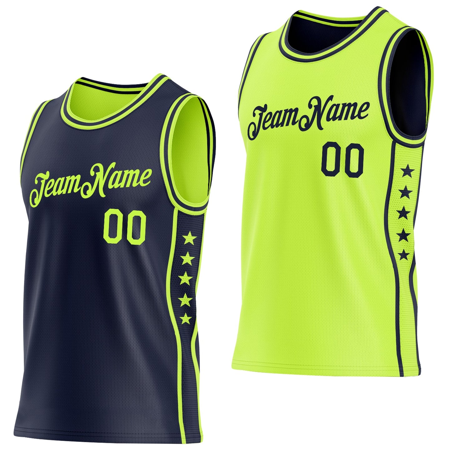 Custom Reversible Navy Neon Green Double Side Star Sublimation Basketball Set Jersey