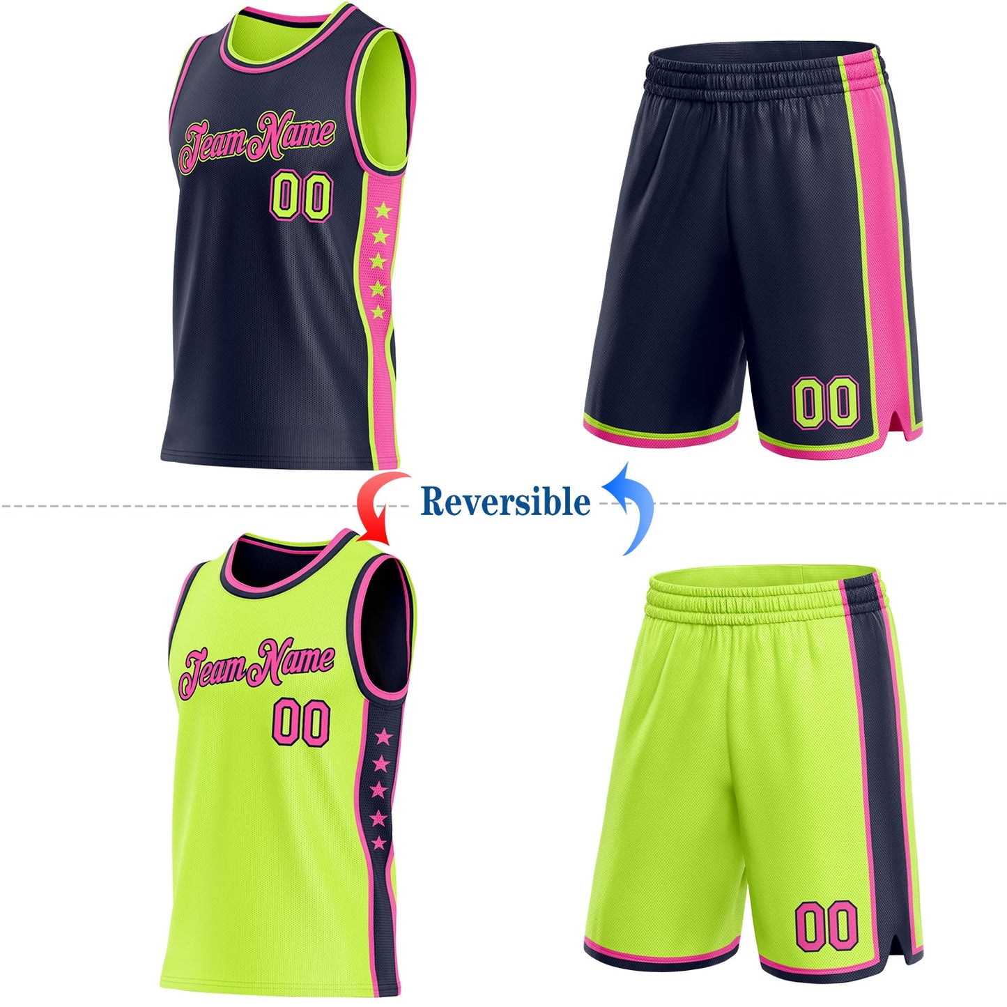 Custom Reversible Navy Neon Green-Pink Double Side Star Sublimation Basketball Set Jersey
