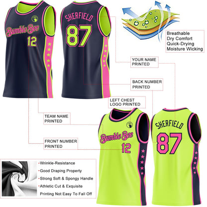 Custom Reversible Navy Neon Green-Pink Double Side Star Sublimation Basketball Set Jersey