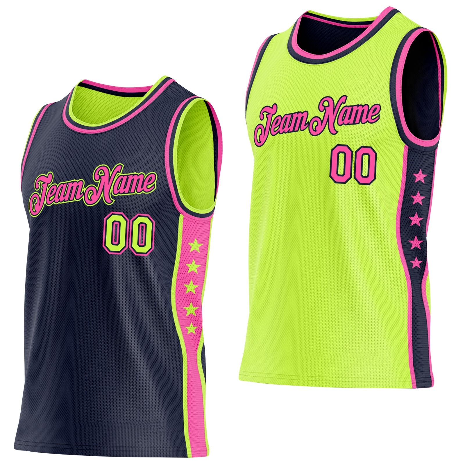 Custom Reversible Navy Neon Green-Pink Double Side Star Sublimation Basketball Set Jersey