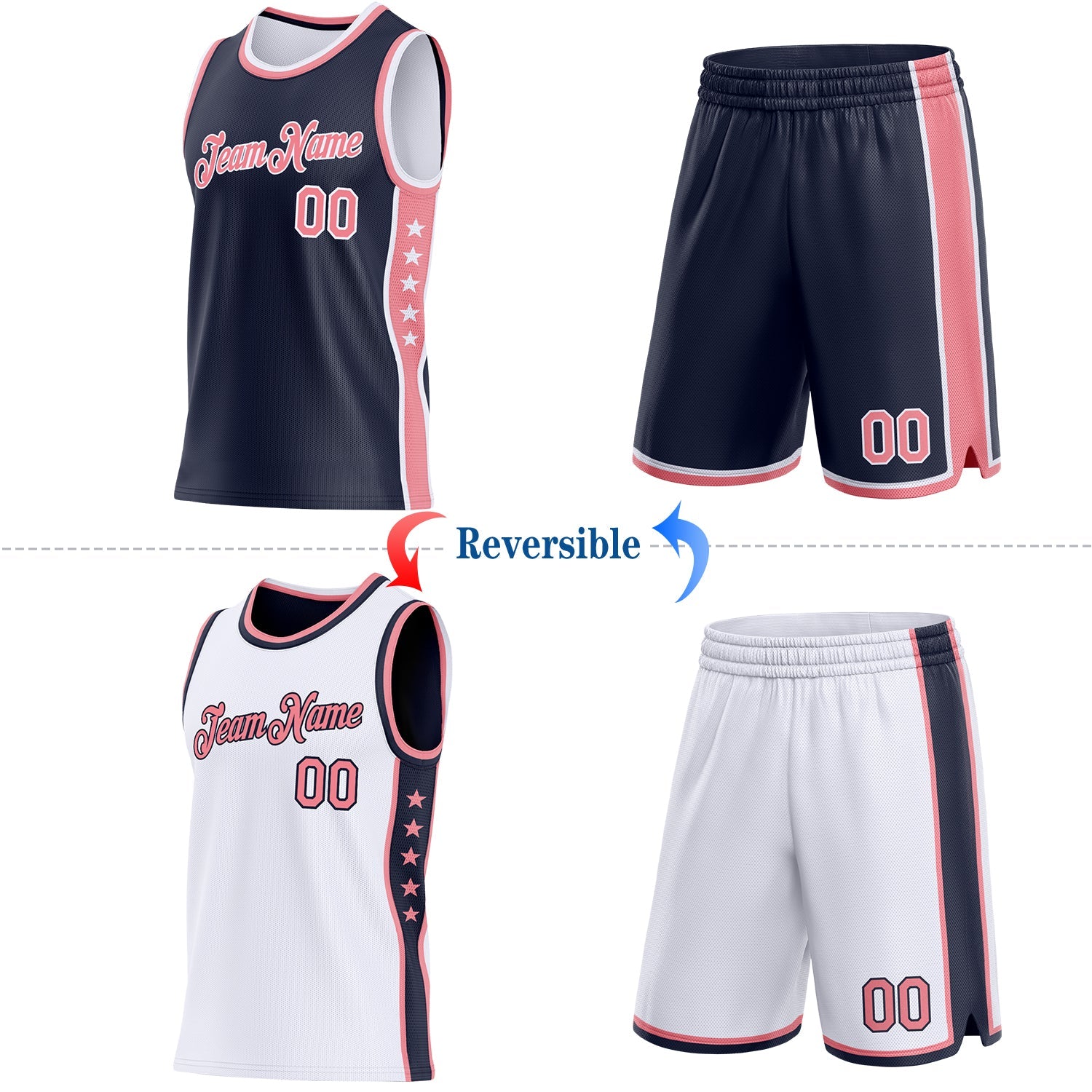 Custom Reversible Navy Medium Pink-White Double Side Star Sublimation Basketball Set Jersey