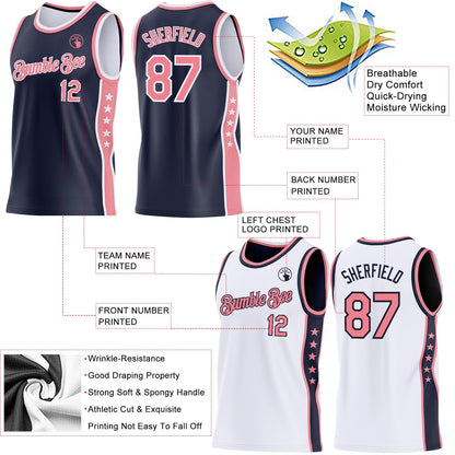 Custom Reversible Navy Medium Pink-White Double Side Star Sublimation Basketball Set Jersey