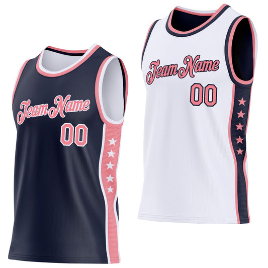 Custom Reversible Navy Medium Pink-White Double Side Star Sublimation Basketball Set Jersey