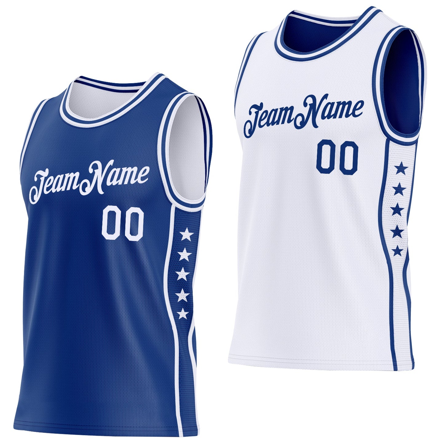 Custom Reversible Royal White Double Side Star Sublimation Basketball Set Jersey