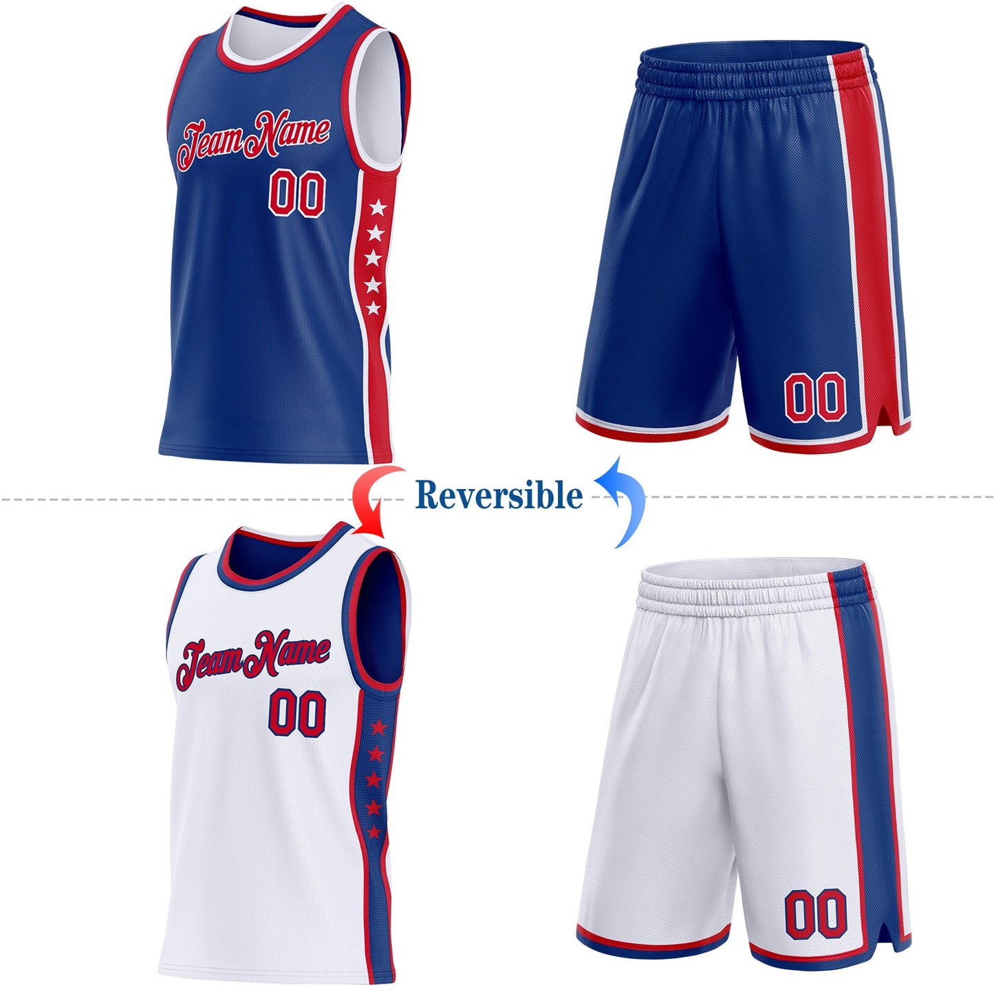 Custom Reversible Royal Red-White Double Side Star Sublimation Basketball Set Jersey