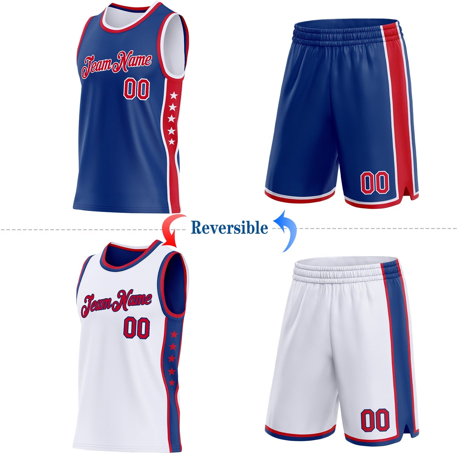 Custom Reversible Royal Red-White Double Side Star Sublimation Basketball Set Jersey