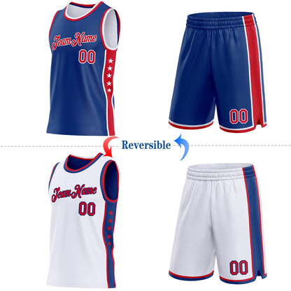 Custom Reversible Royal Red-White Double Side Star Sublimation Basketball Set Jersey