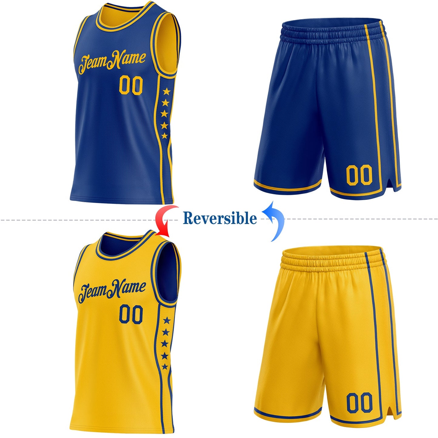 Custom Reversible Royal Gold Double Side Star Sublimation Basketball Set Jersey