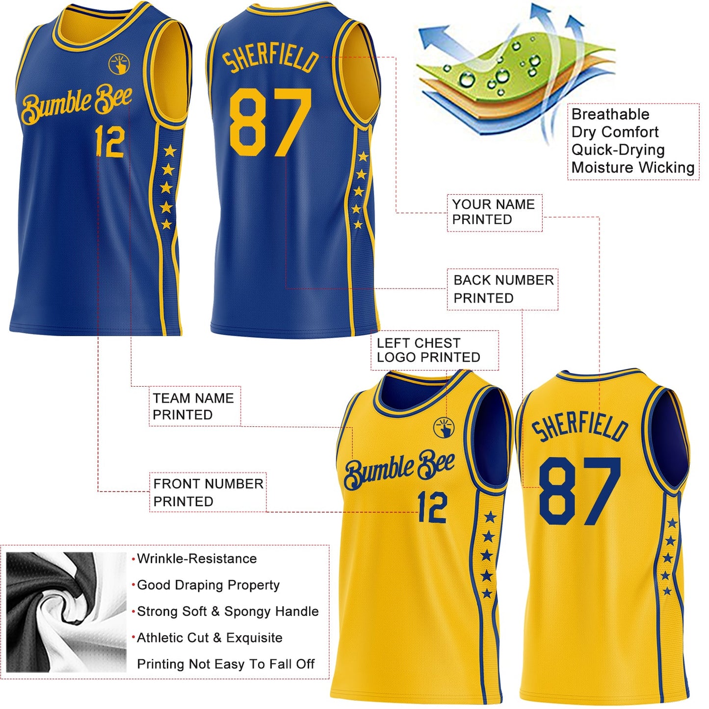 Custom Reversible Royal Gold Double Side Star Sublimation Basketball Set Jersey
