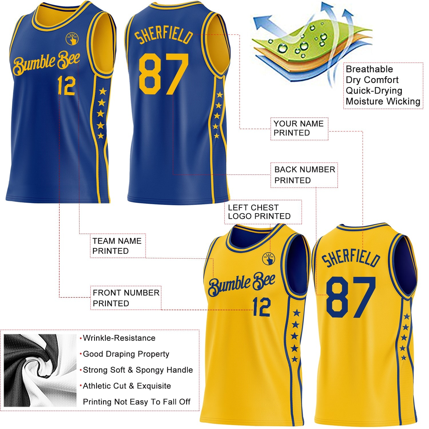 Custom Reversible Royal Gold Double Side Star Sublimation Basketball Set Jersey