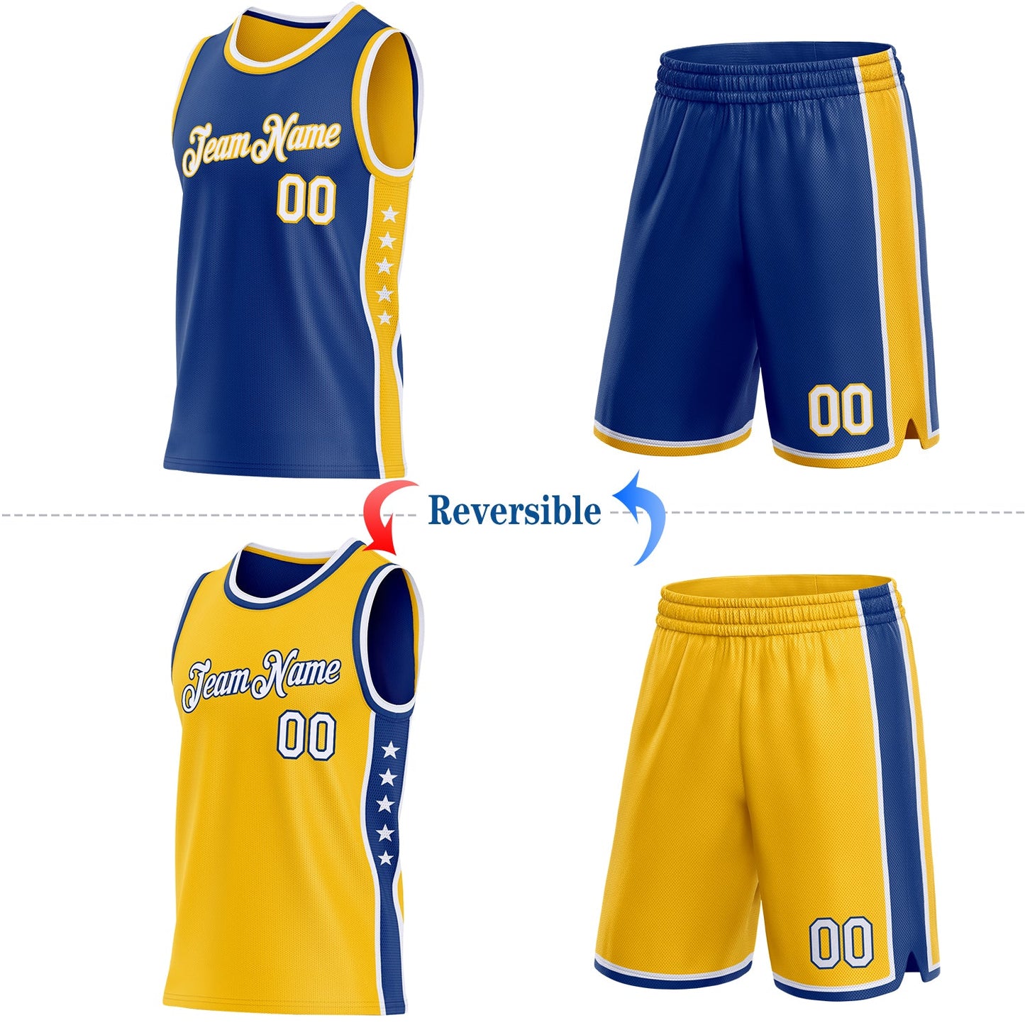 Custom Reversible Royal White-Gold Double Side Star Sublimation Basketball Set Jersey