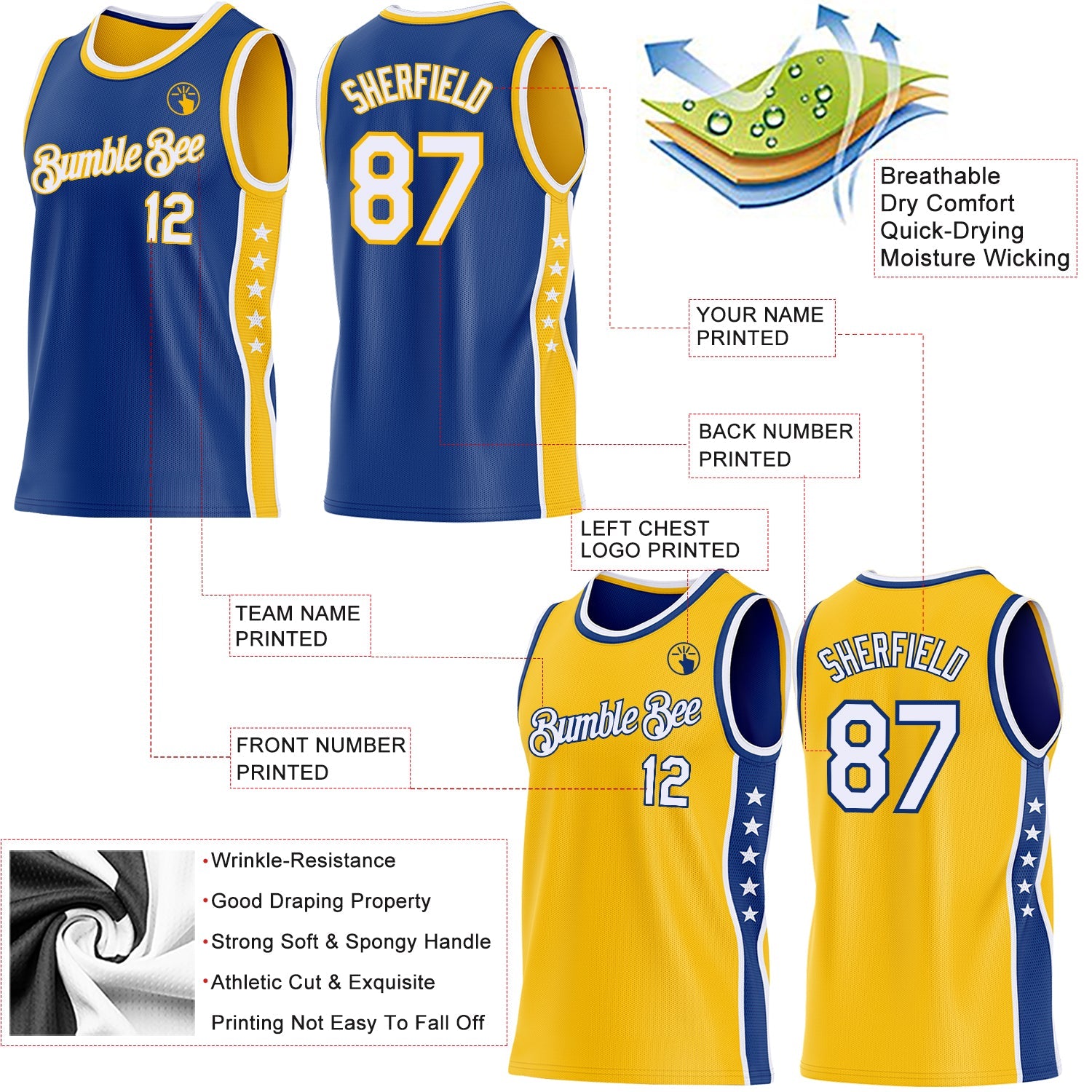 Custom Reversible Royal White-Gold Double Side Star Sublimation Basketball Set Jersey