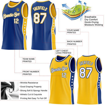 Custom Reversible Royal White-Gold Double Side Star Sublimation Basketball Set Jersey