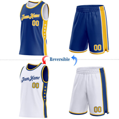 Custom Reversible Royal Gold-White Double Side Star Sublimation Basketball Set Jersey
