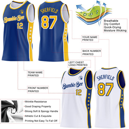 Custom Reversible Royal Gold-White Double Side Star Sublimation Basketball Set Jersey