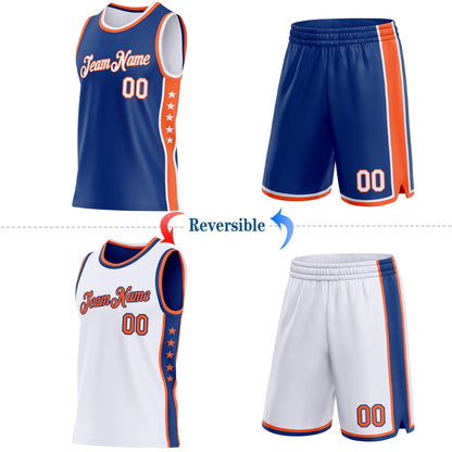 Custom Reversible Royal White-Orange Double Side Star Sublimation Basketball Set Jersey