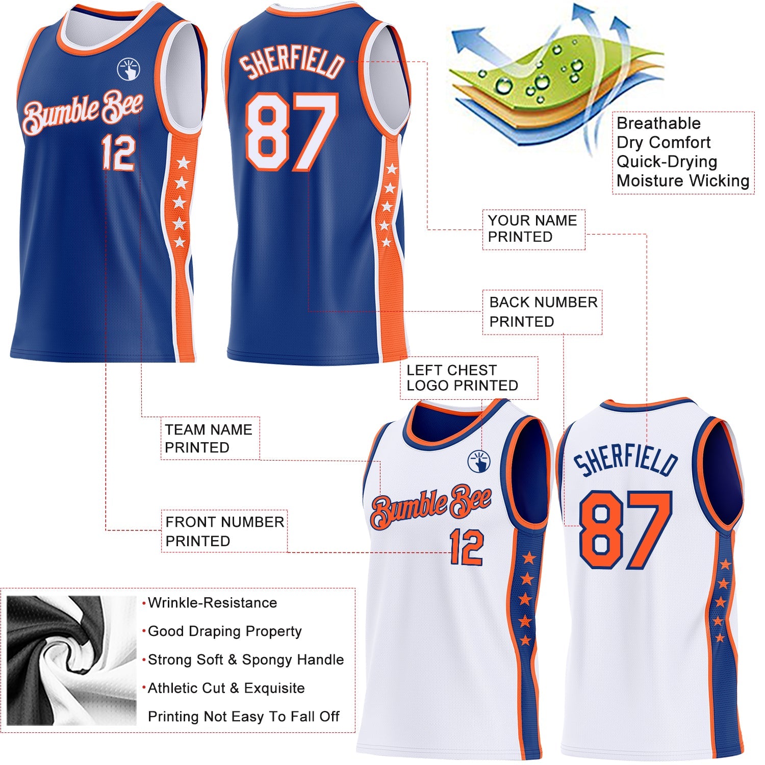 Custom Reversible Royal White-Orange Double Side Star Sublimation Basketball Set Jersey