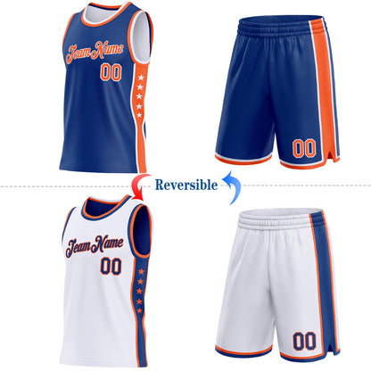 Custom Reversible Royal Orange-White Double Side Star Sublimation Basketball Set Jersey
