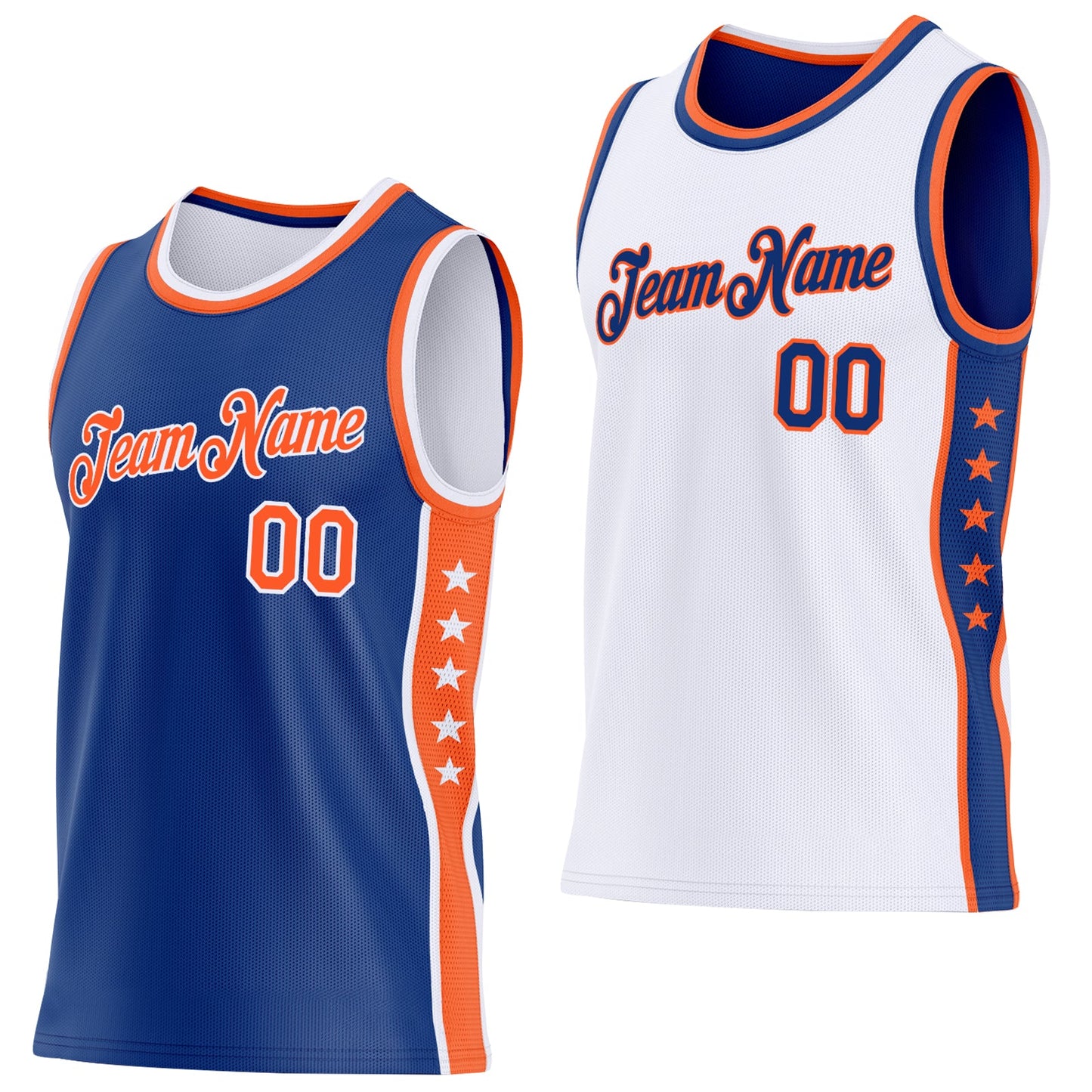 Custom Reversible Royal Orange-White Double Side Star Sublimation Basketball Set Jersey