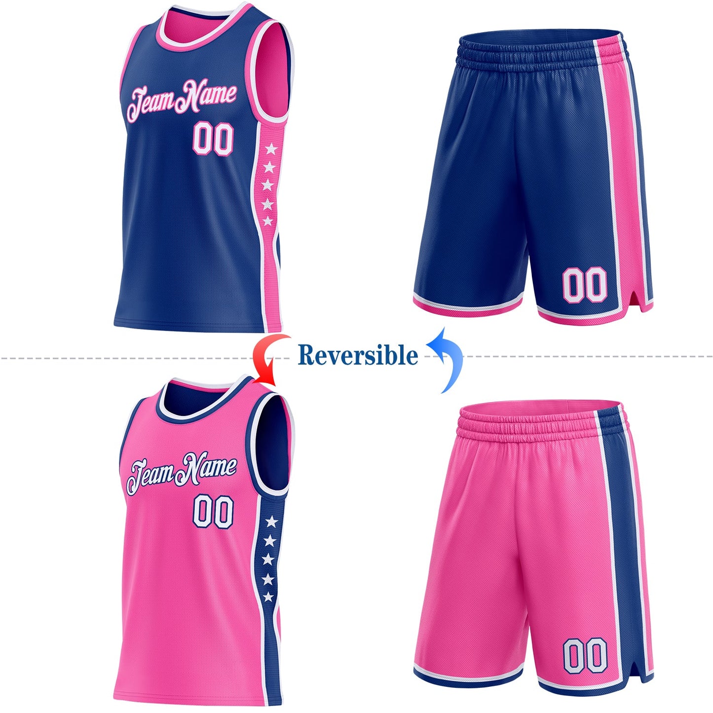 Custom Reversible Royal White-Pink Double Side Star Sublimation Basketball Set Jersey