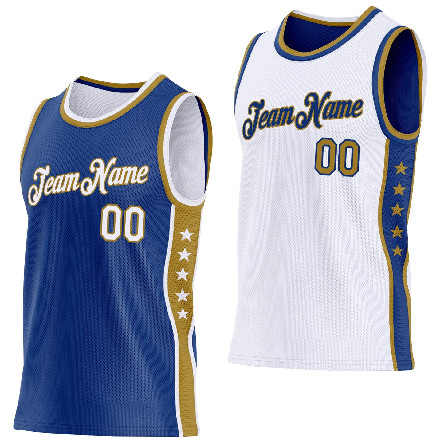 Custom Reversible Royal White-Old Gold Double Side Star Sublimation Basketball Set Jersey