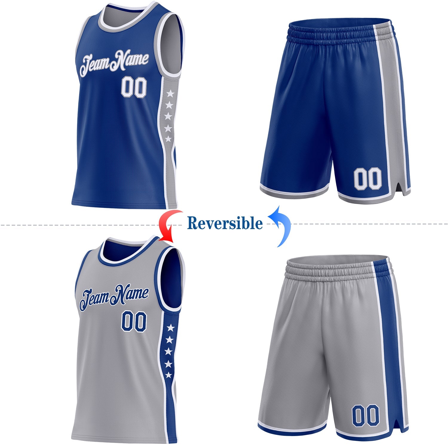 Custom Reversible Royal White-Gray Double Side Star Sublimation Basketball Set Jersey
