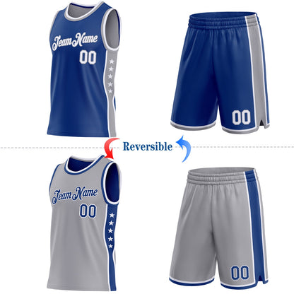 Custom Reversible Royal White-Gray Double Side Star Sublimation Basketball Set Jersey