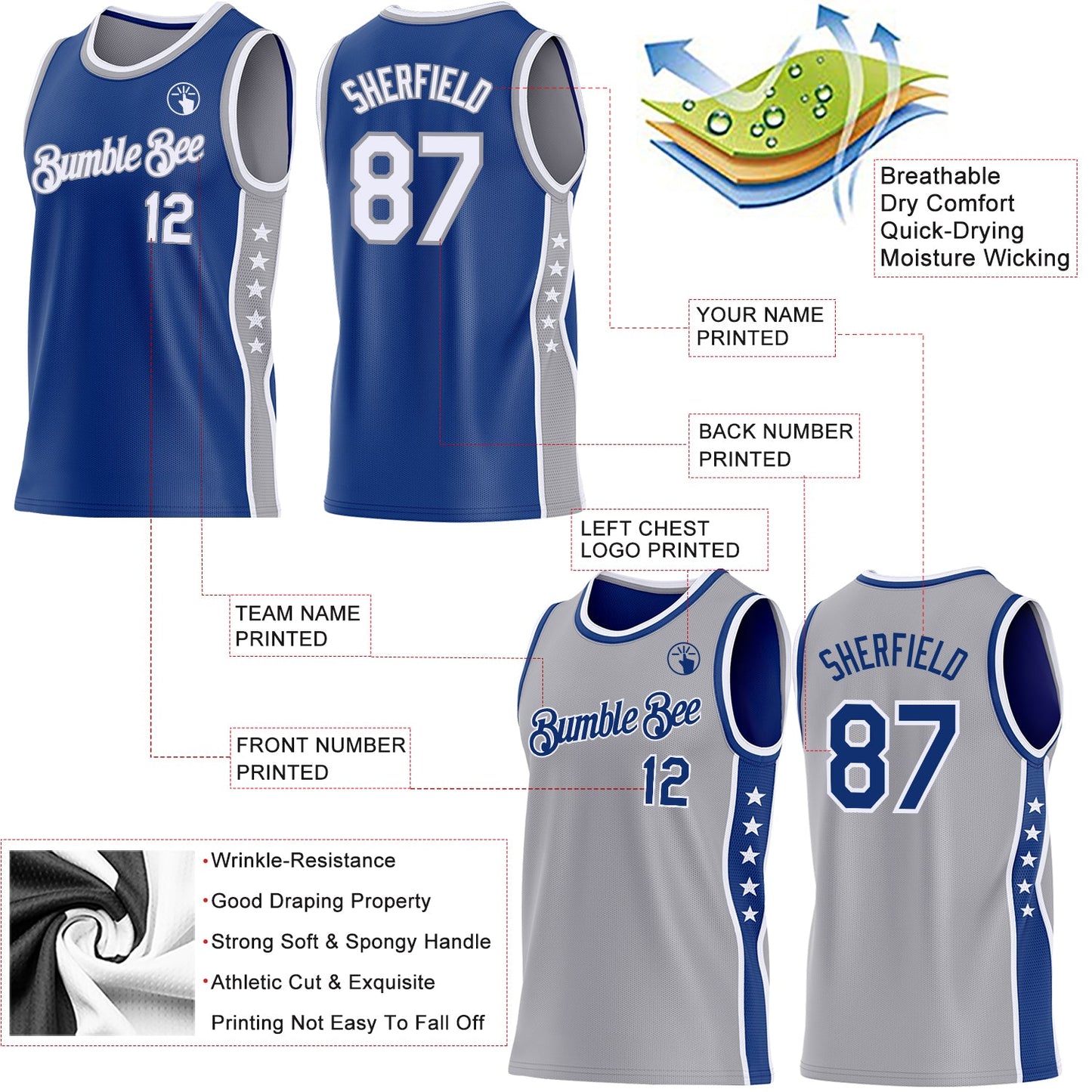 Custom Reversible Royal White-Gray Double Side Star Sublimation Basketball Set Jersey