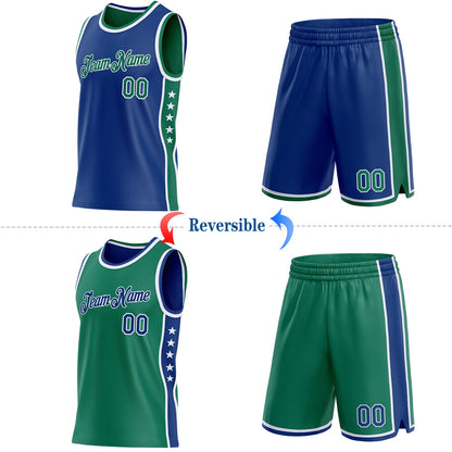 Custom Reversible Royal Kelly Green-White Double Side Star Sublimation Basketball Set Jersey