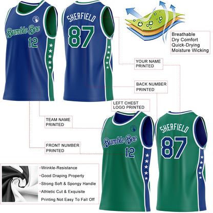 Custom Reversible Royal Kelly Green-White Double Side Star Sublimation Basketball Set Jersey