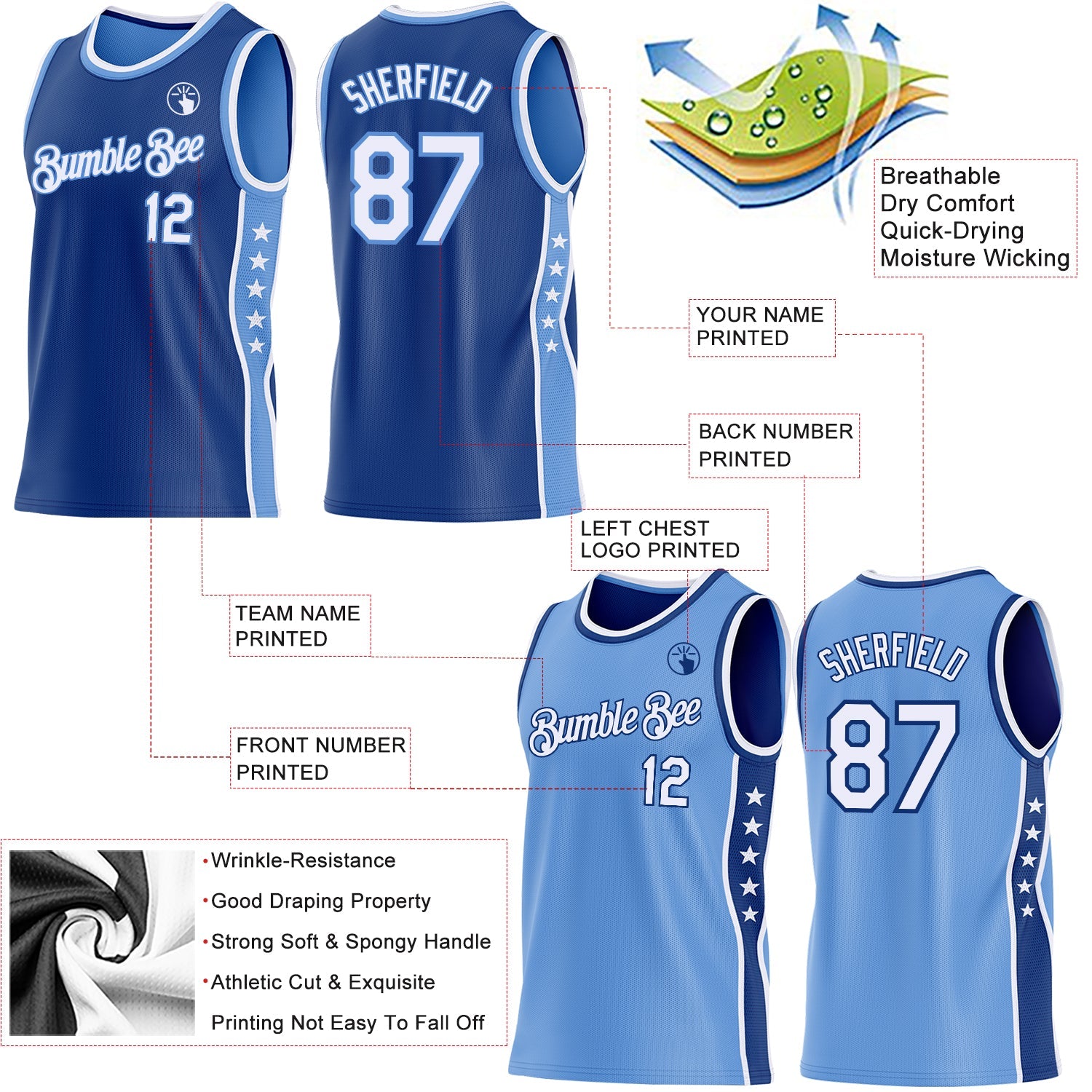 Custom Reversible Royal White-Lakes Blue Double Side Star Sublimation Basketball Set Jersey