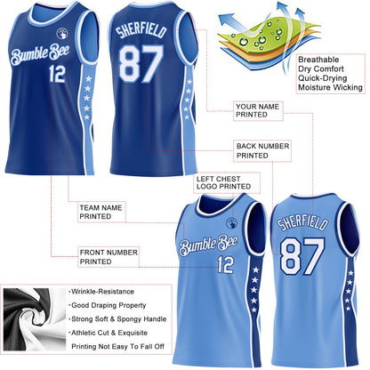 Custom Reversible Royal White-Lakes Blue Double Side Star Sublimation Basketball Set Jersey