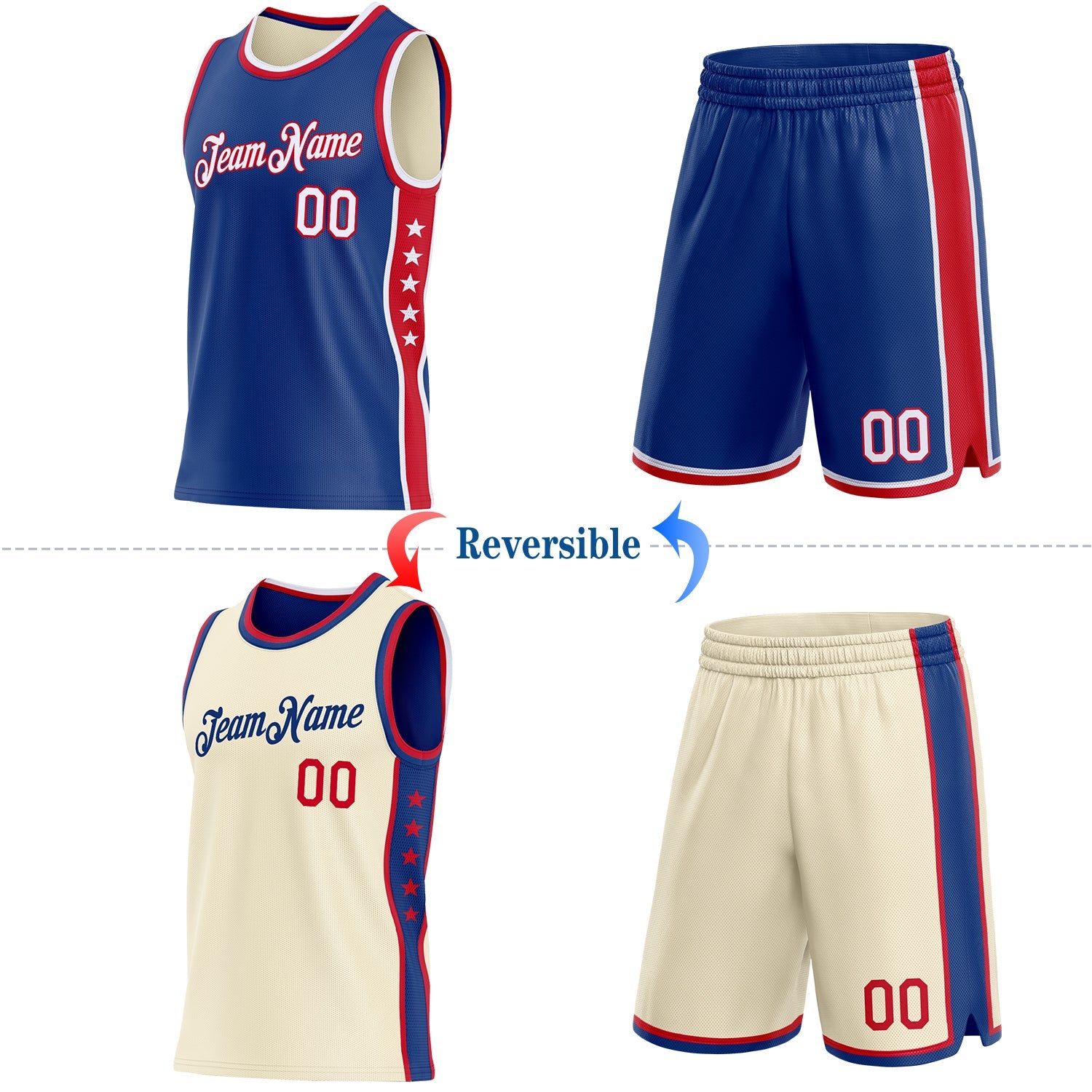Custom Reversible Royal White-Red Double Side Star Sublimation Basketball Set Jersey
