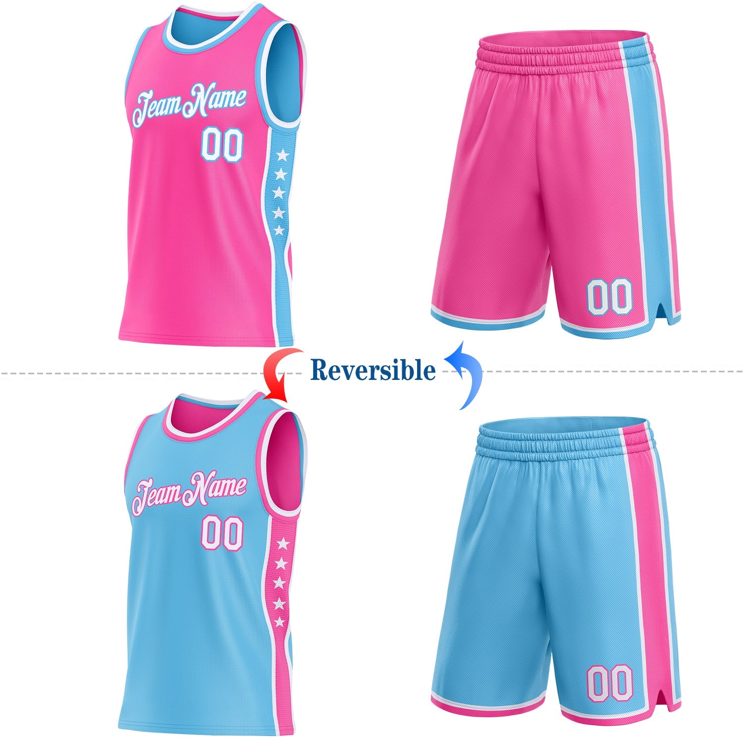 Custom Reversible Pink White-Sky Blue Double Side Star Sublimation Basketball Set Jersey