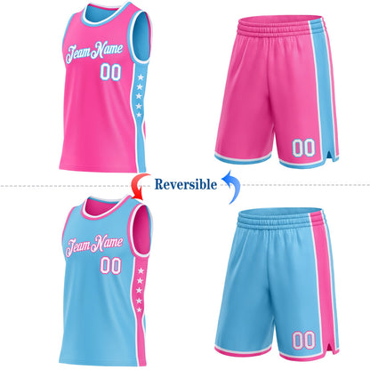 Custom Reversible Pink White-Sky Blue Double Side Star Sublimation Basketball Set Jersey