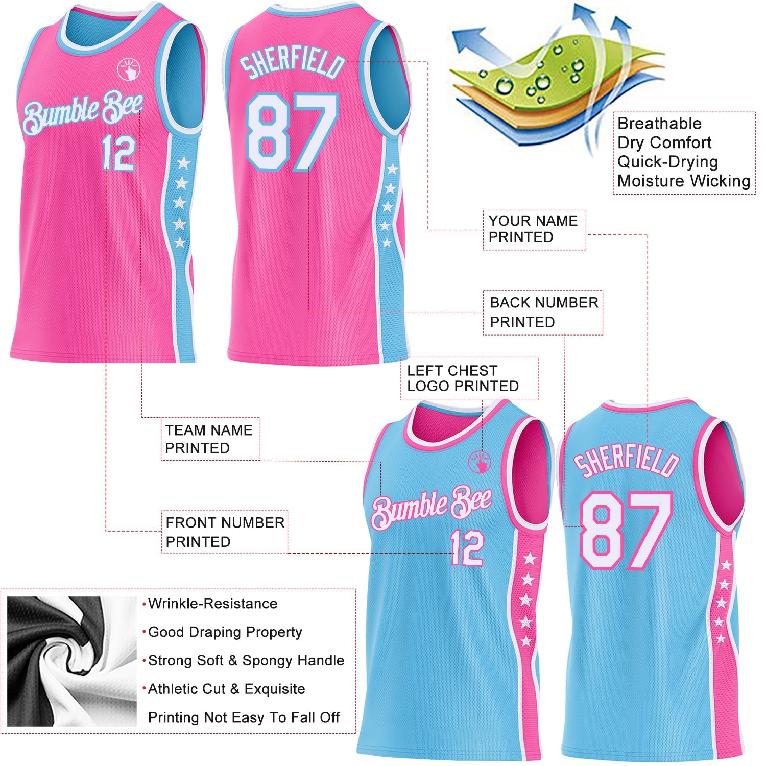 Custom Reversible Pink White-Sky Blue Double Side Star Sublimation Basketball Set Jersey
