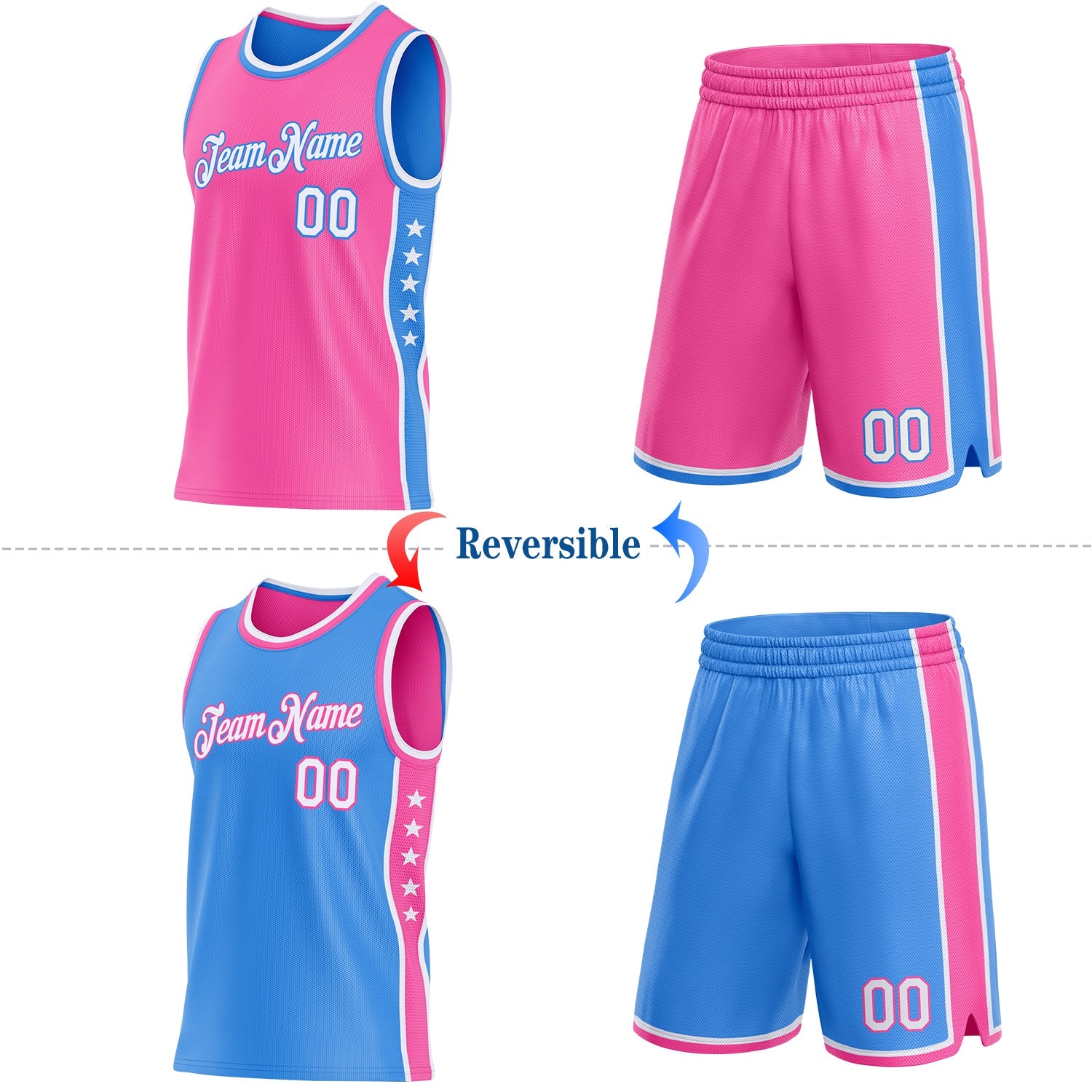 Custom Reversible Pink White-Powder Blue Double Side Star Sublimation Basketball Set Jersey