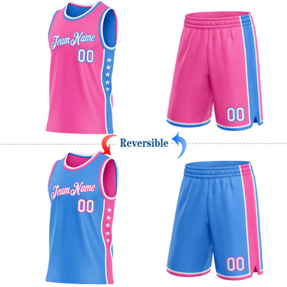 Custom Reversible Pink White-Powder Blue Double Side Star Sublimation Basketball Set Jersey