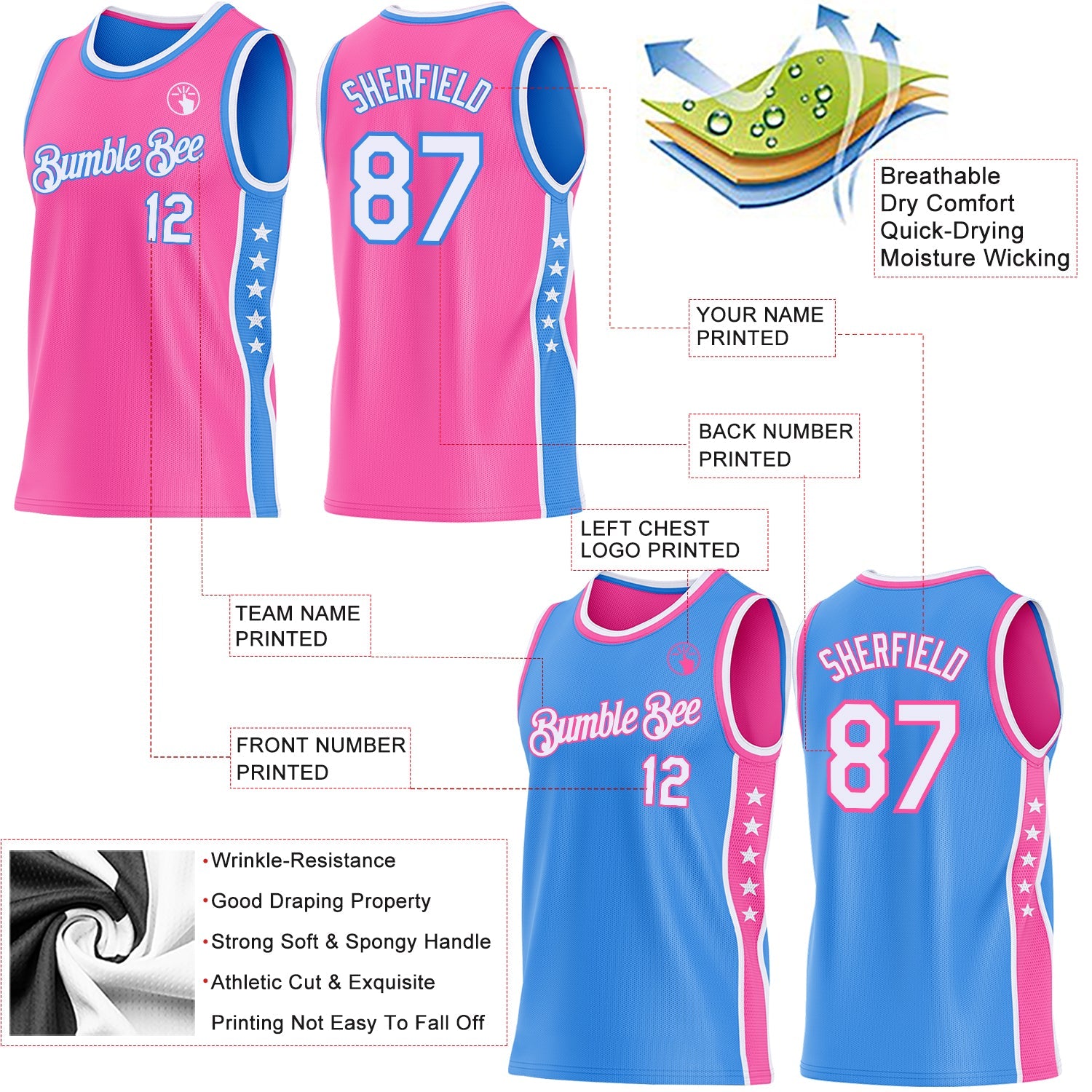 Custom Reversible Pink White-Powder Blue Double Side Star Sublimation Basketball Set Jersey