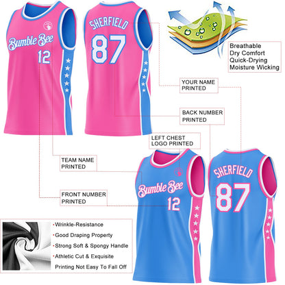 Custom Reversible Pink White-Powder Blue Double Side Star Sublimation Basketball Set Jersey