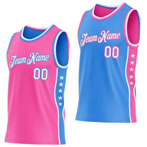 Custom Reversible Pink White-Powder Blue Double Side Star Sublimation Basketball Set Jersey