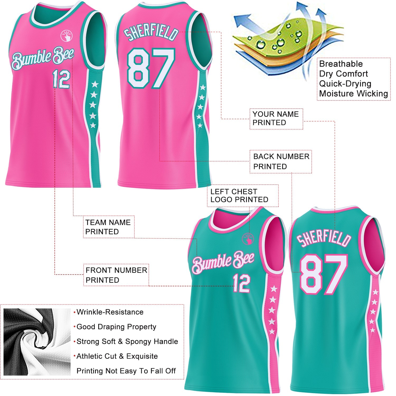 Custom Reversible Pink White-Aqua Double Side Star Sublimation Basketball Set Jersey