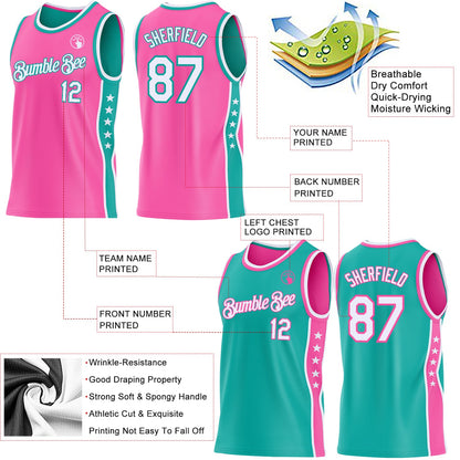 Custom Reversible Pink White-Aqua Double Side Star Sublimation Basketball Set Jersey